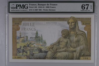 收藏联盟Quantum Auction 第289期拍卖  - 法国1942-44年1000法郎 PMG67 首发年份 号码全程无4
