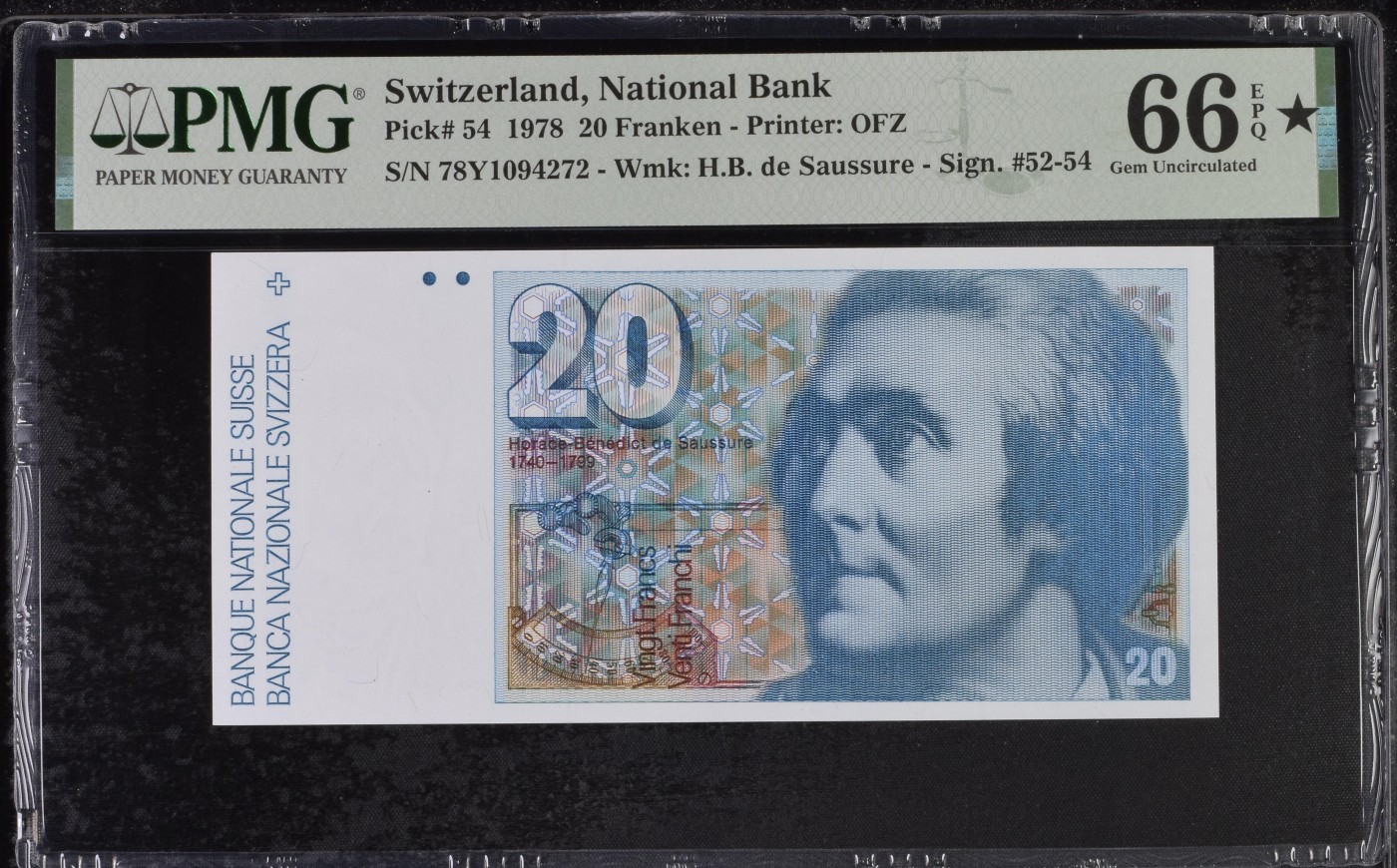 乐淘淘纸币精选 第19期  【78Y1094272】瑞士1978年纸币 20法郎 PMG66EPQ★ （唯一一张大黑星！）