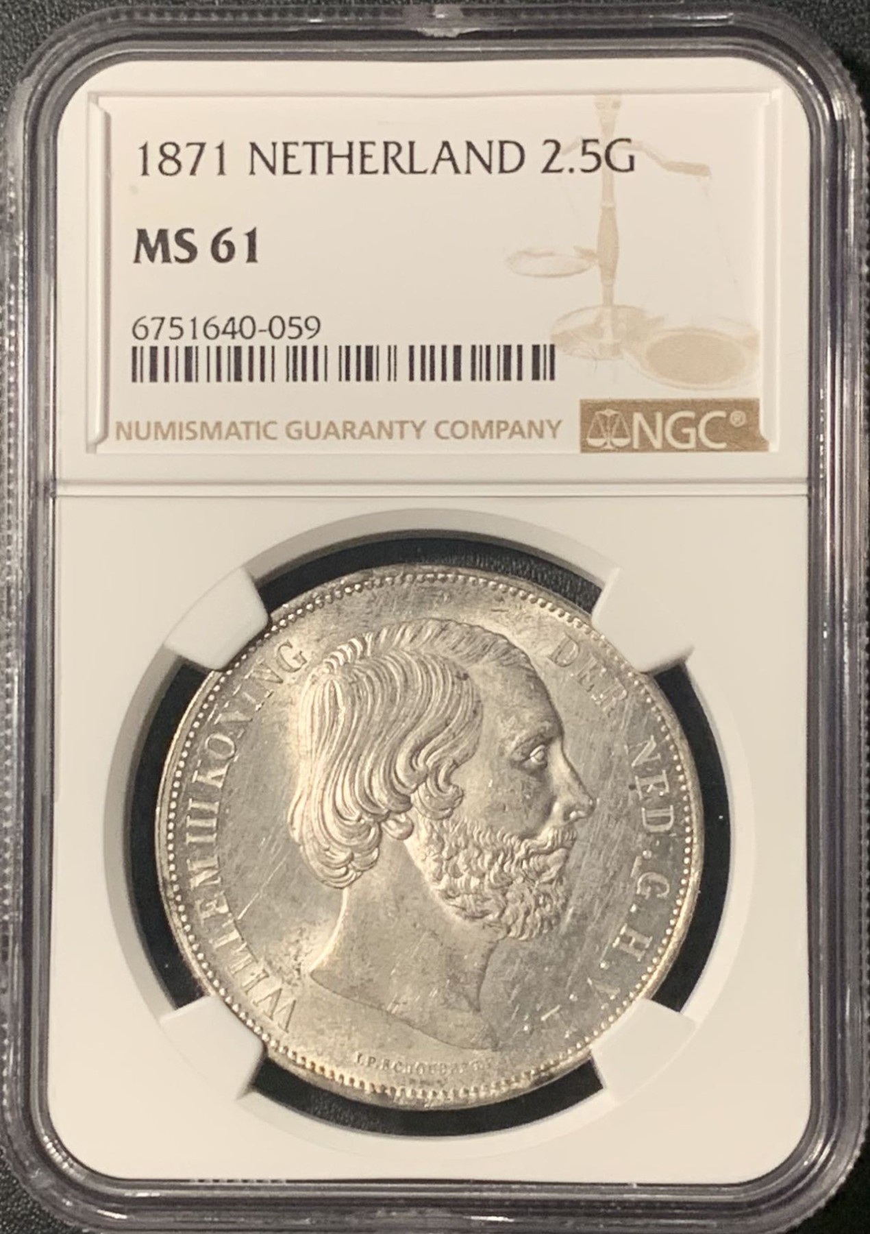 紫瑗钱币——第303期拍卖 荷兰 1871年 威廉三世 2.5盾 银币 NGC MS61 细节超级好