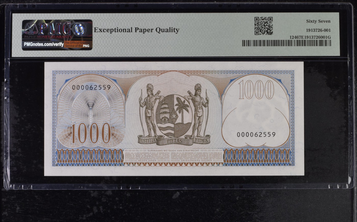收藏联盟Quantum Auction 第289期拍卖  苏里南1963年1000盾 PMG67 号码无47 万位号 JEZ代印