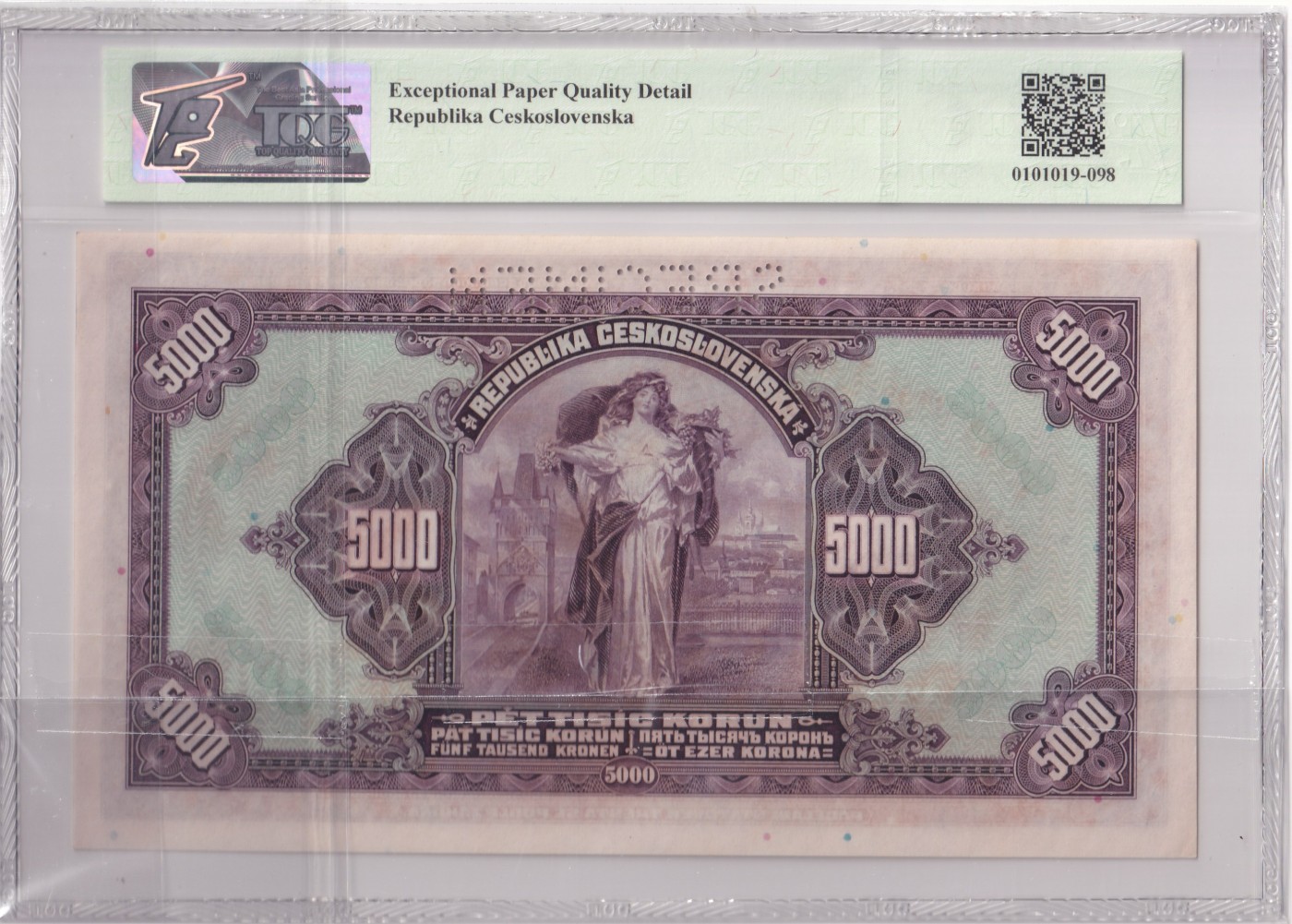 乐淘淘纸币精选 第19期  【B.431310】波西米亚1920年纸币 5000克朗 样钞 百年老钞 TQG66EPQ