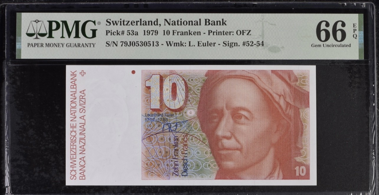 乐淘淘纸币精选 第19期  【79J0530513】瑞士1979年纸币 10法郎 首发年份 数学家欧拉 PMG66EPQ