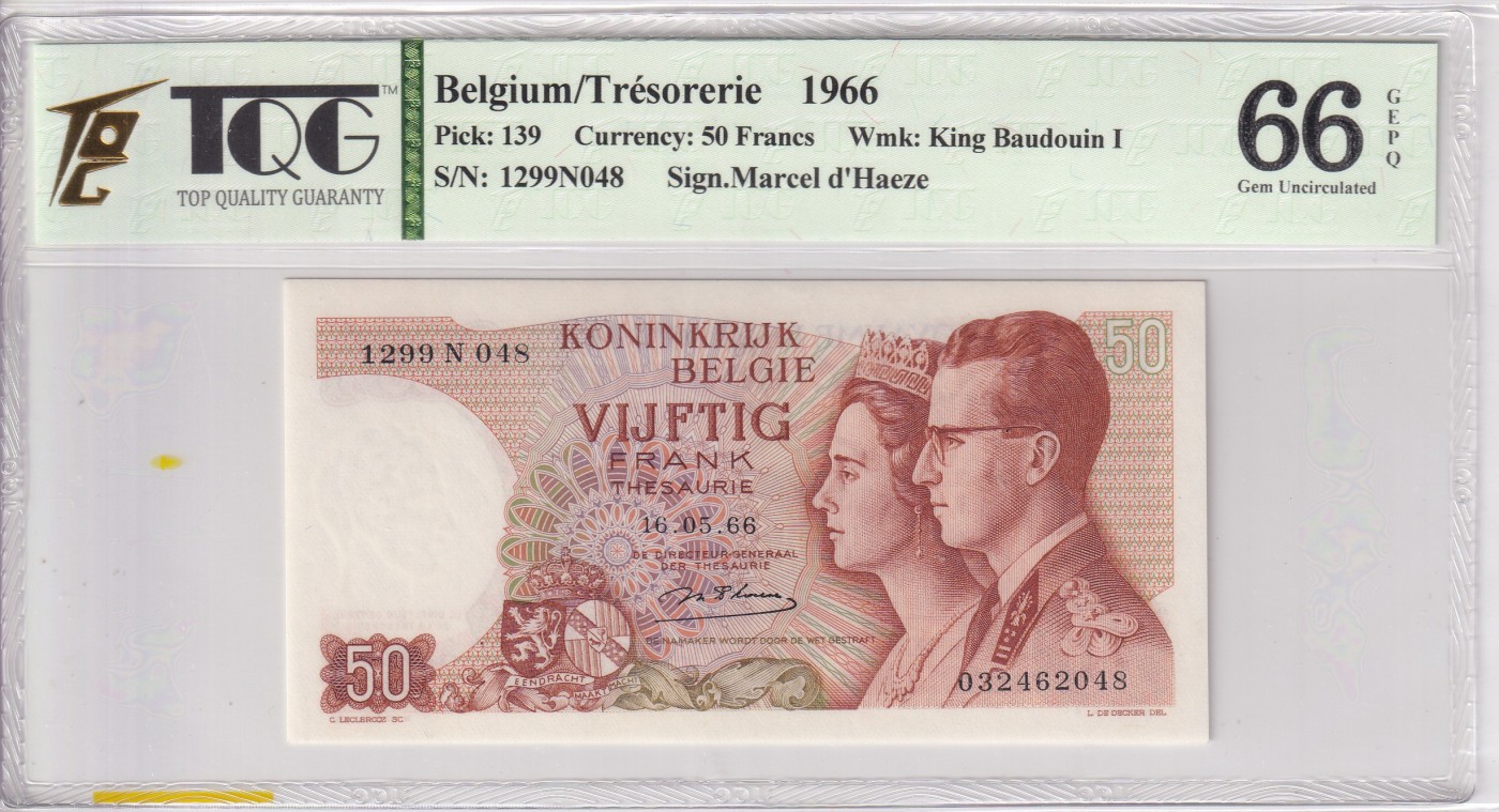 乐淘淘纸币精选 第19期  【1299N048】比利时1966年纸币 50法郎 TQG66EPQ