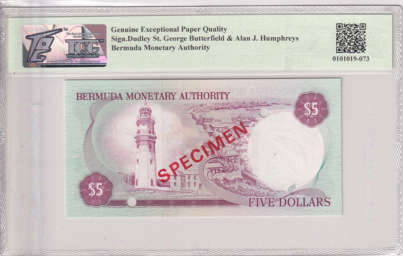 乐淘淘纸币精选 第19期  百慕大1978-84年纸币 女王钞 5元 打孔样钞 TQG66EPQ