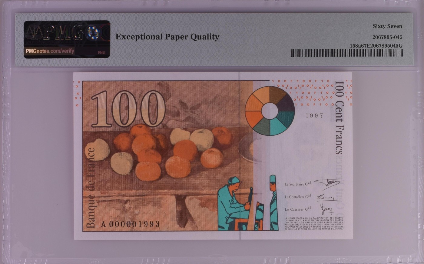 收藏联盟Quantum Auction 第289期拍卖  法国1997-98年100法郎 PMG67 首发A冠千位号 号码无4 画家 塞尚