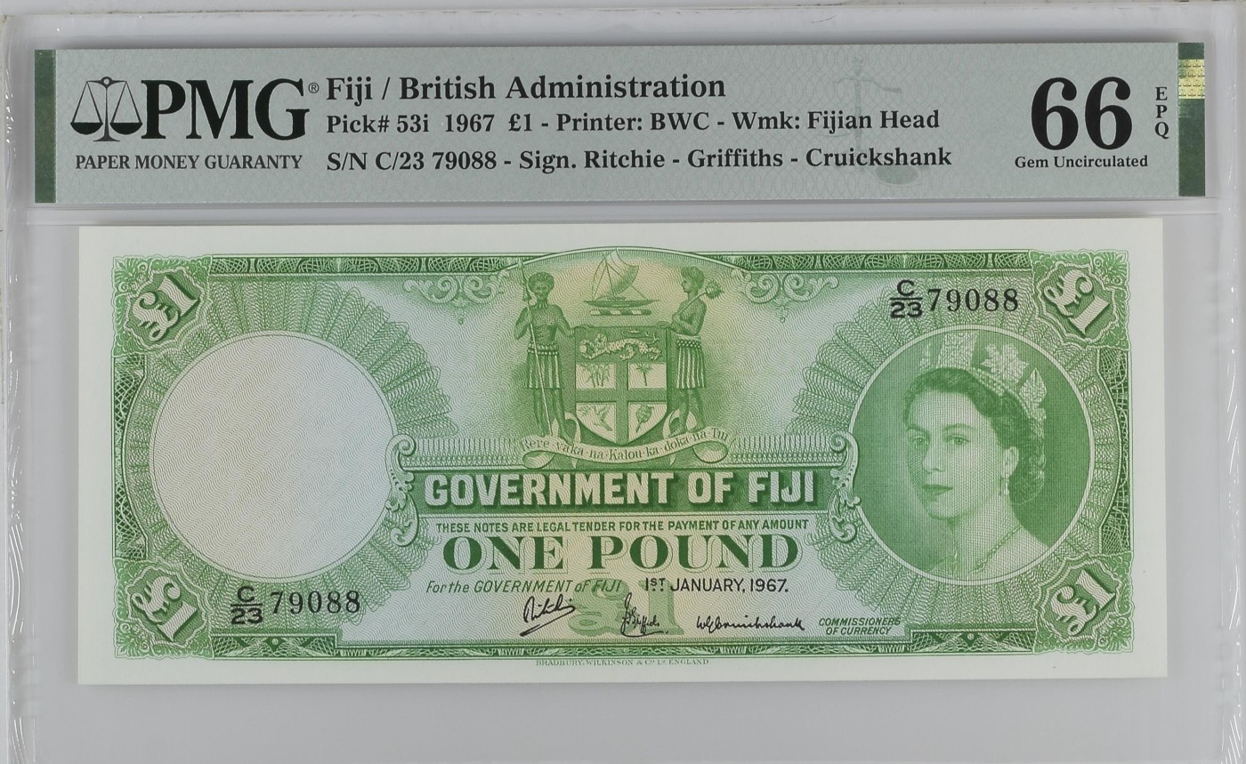 收藏联盟Quantum Auction 第289期拍卖  斐济1967年1镑 PMG66 号码无4尾88 大冠女王珍品 非常稀少的i版