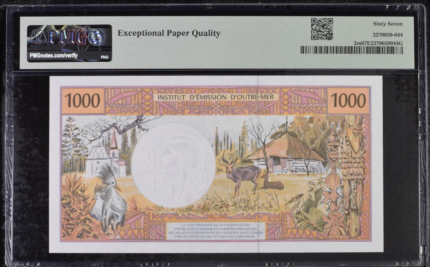 乐淘淘纸币精选 第19期  【U.053 61983】法属太平洋1966年纸币 1000法郎 首签3 PMG67EPQ 季军分