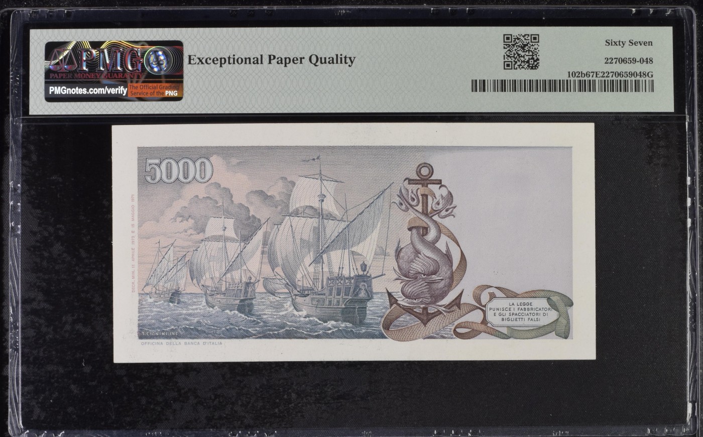 乐淘淘纸币精选 第19期  【PA212259S】意大利1973年纸币 5000里拉 哥伦布 号码无347 PMG67EPQ 亚军分