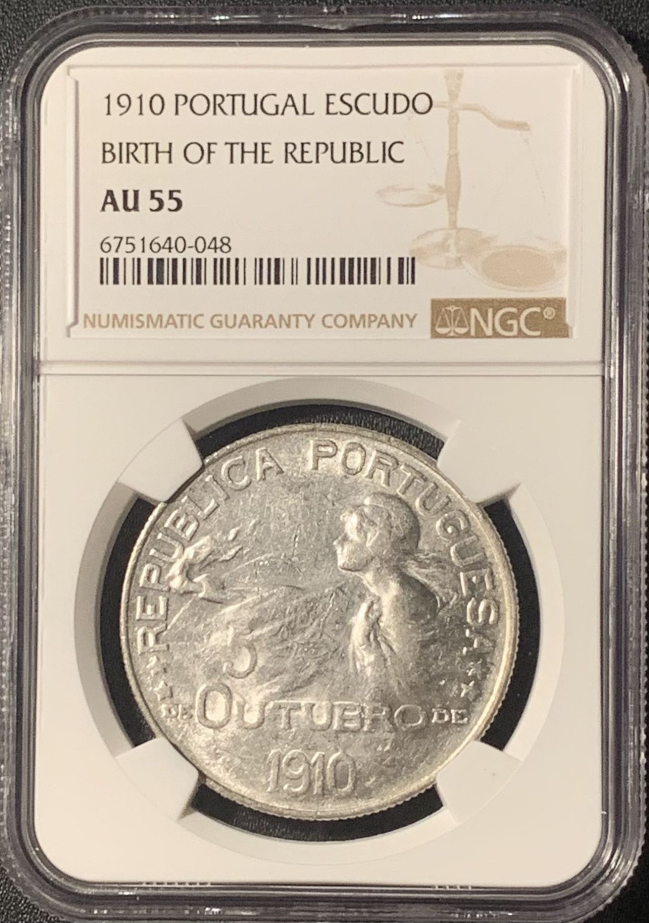 紫瑗钱币——第303期拍卖 葡萄牙 1910年 共和国诞生 1埃斯库多 银币 NGC AU55
