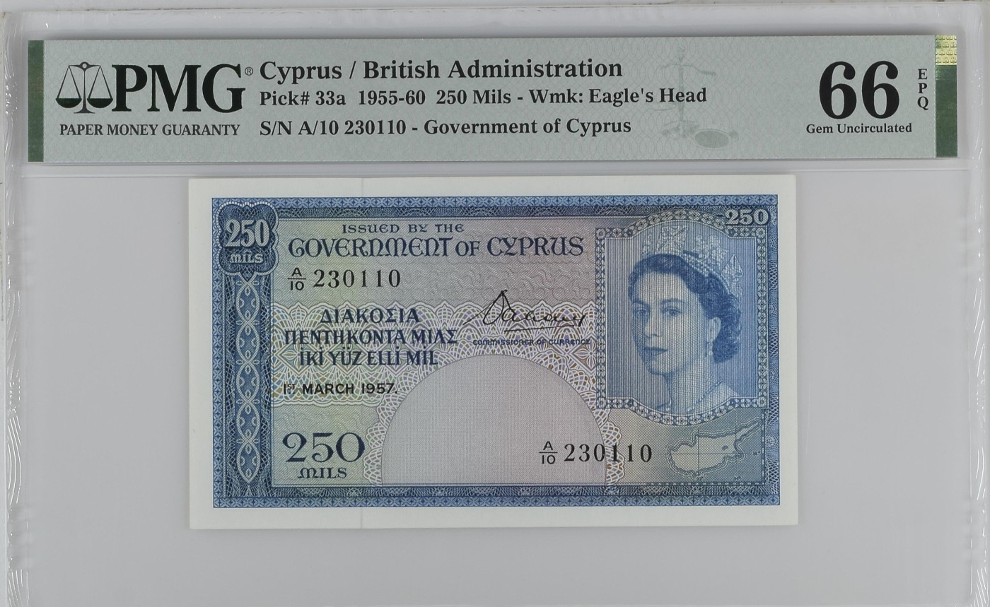 收藏联盟Quantum Auction 第289期拍卖  塞浦路斯1955-60年250米尔 PMG66 大冠女王珍品 BWC代印 号码无457