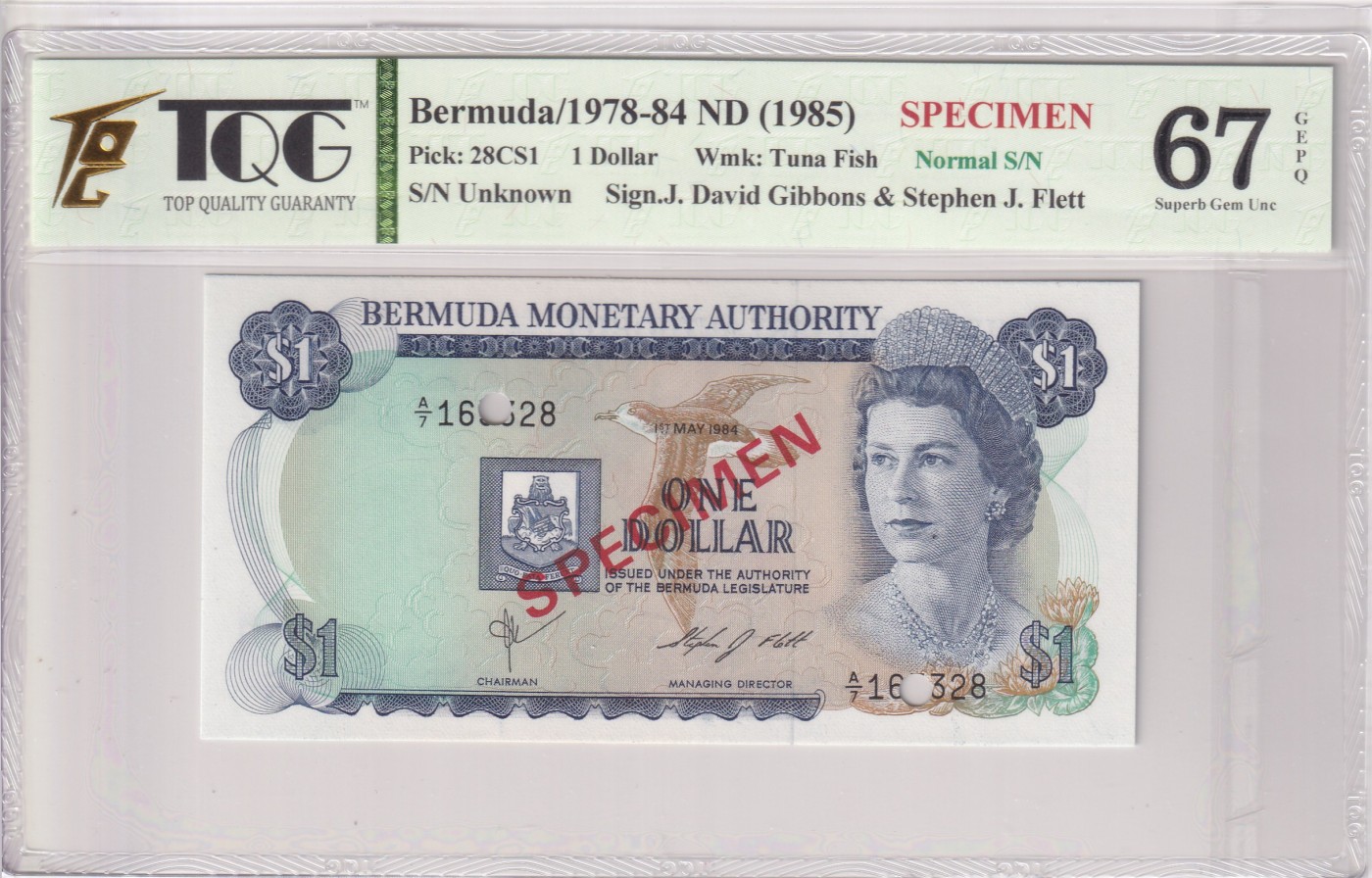 乐淘淘纸币精选 第19期  百慕大1978-84年纸币 女王钞 1元 打孔样钞 TQG67EPQ