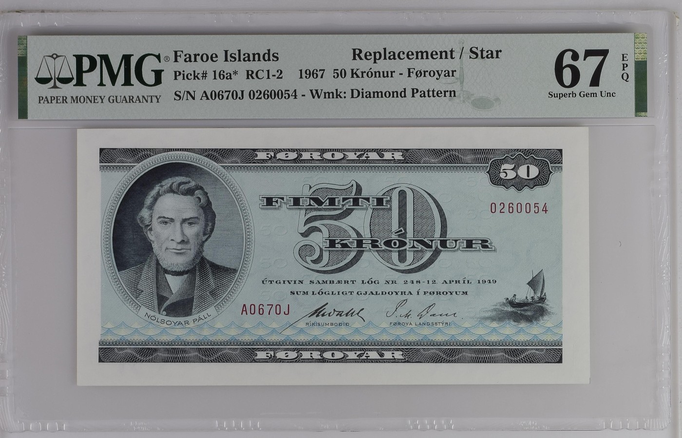 收藏联盟Quantum Auction 第289期拍卖     法罗群岛1967年50克朗 PMG67 唯一冠军分初版补号 