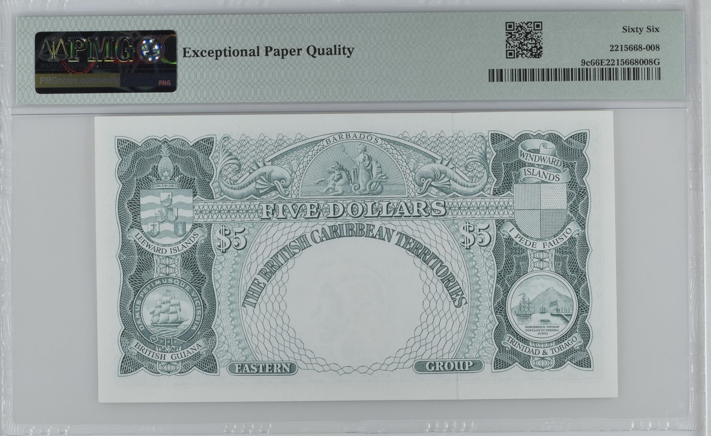 收藏联盟Quantum Auction 第289期拍卖  东加勒比地区1961-64年5元 PMG66 号码无4 BWC代印 大冠女王 稀少