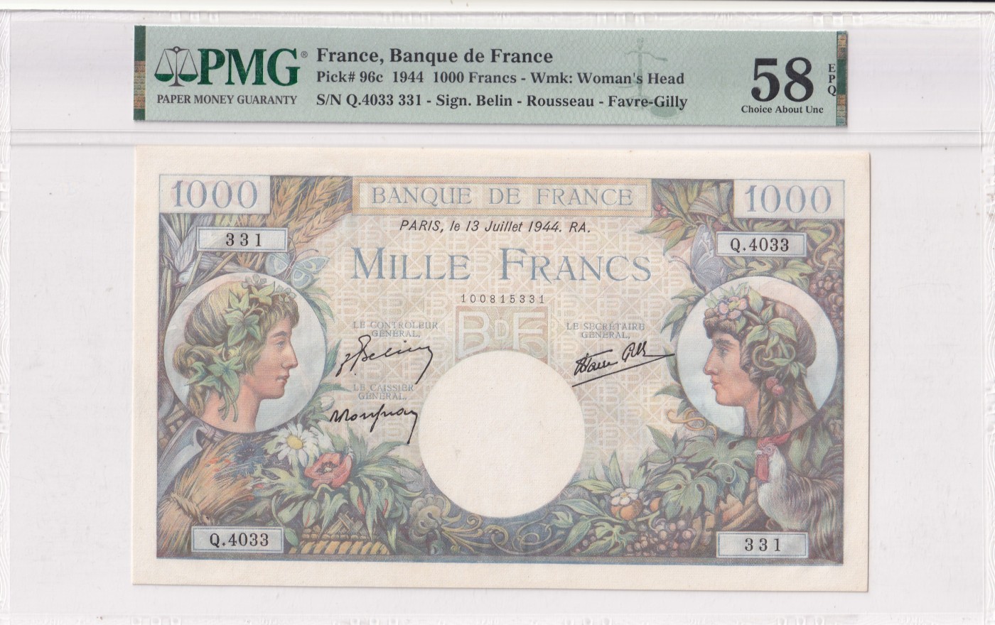 乐淘淘纸币精选 第19期  【Q.4033 331】法国1944年纸币 1000法郎 精美大票幅 PMG58EPQ