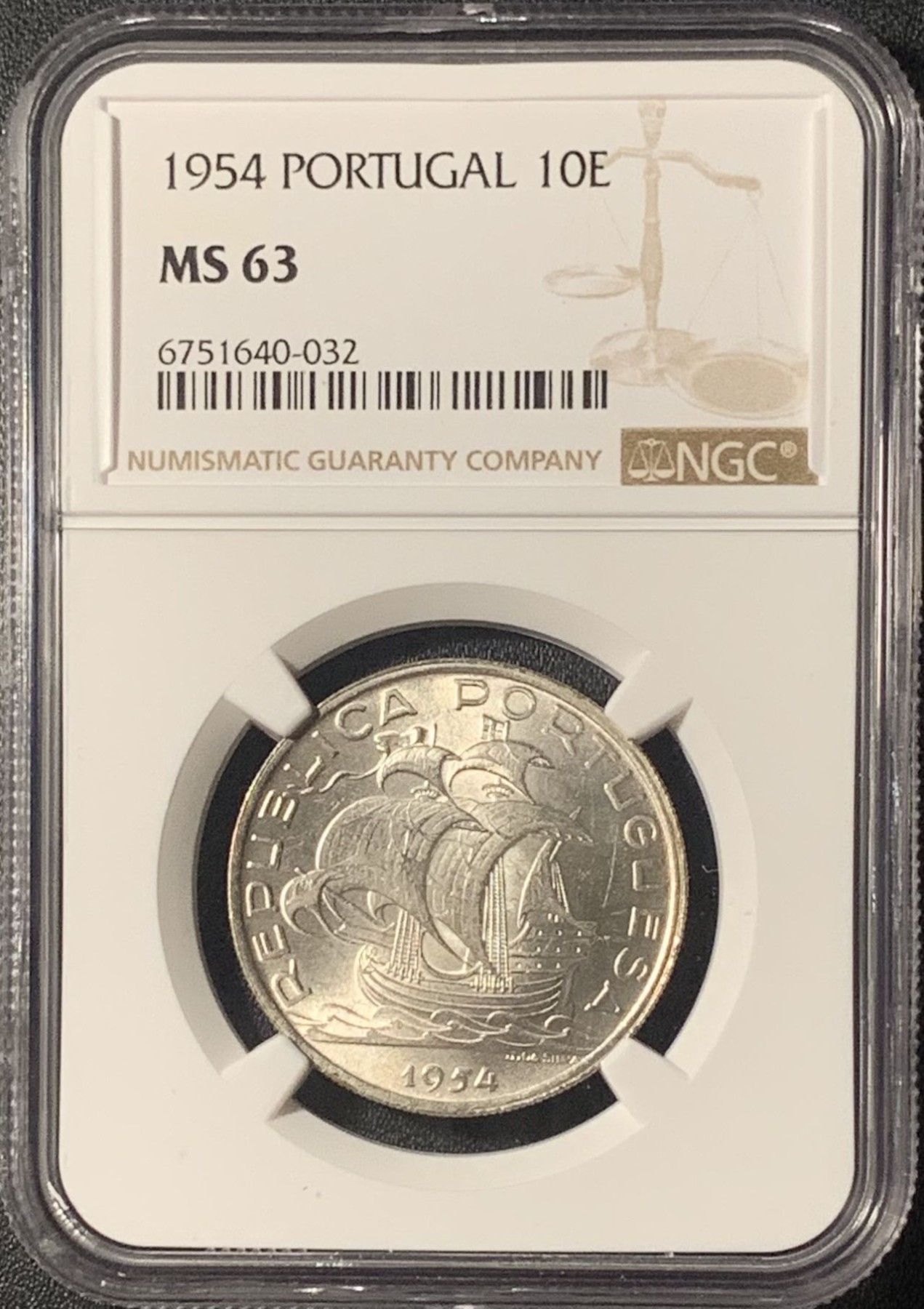 紫瑗钱币——第303期拍卖 葡萄牙 1954年 帆船 10埃斯库多 银币 NGC MS63