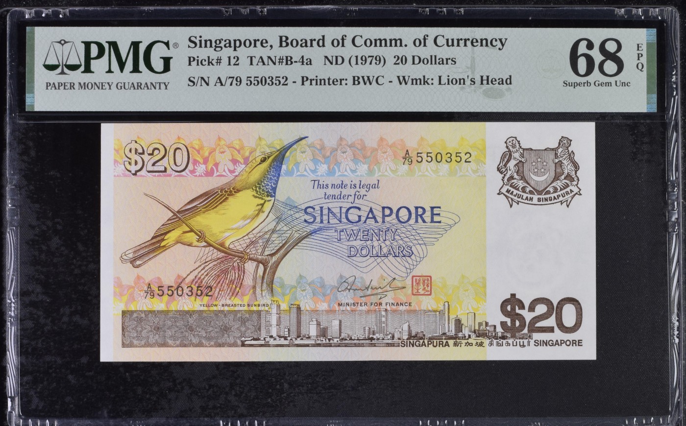 乐淘淘纸币精选 第19期  【A/79 550352】新加坡1979年纸币 20元 鸟版 PMG68EPQ 冠军分！