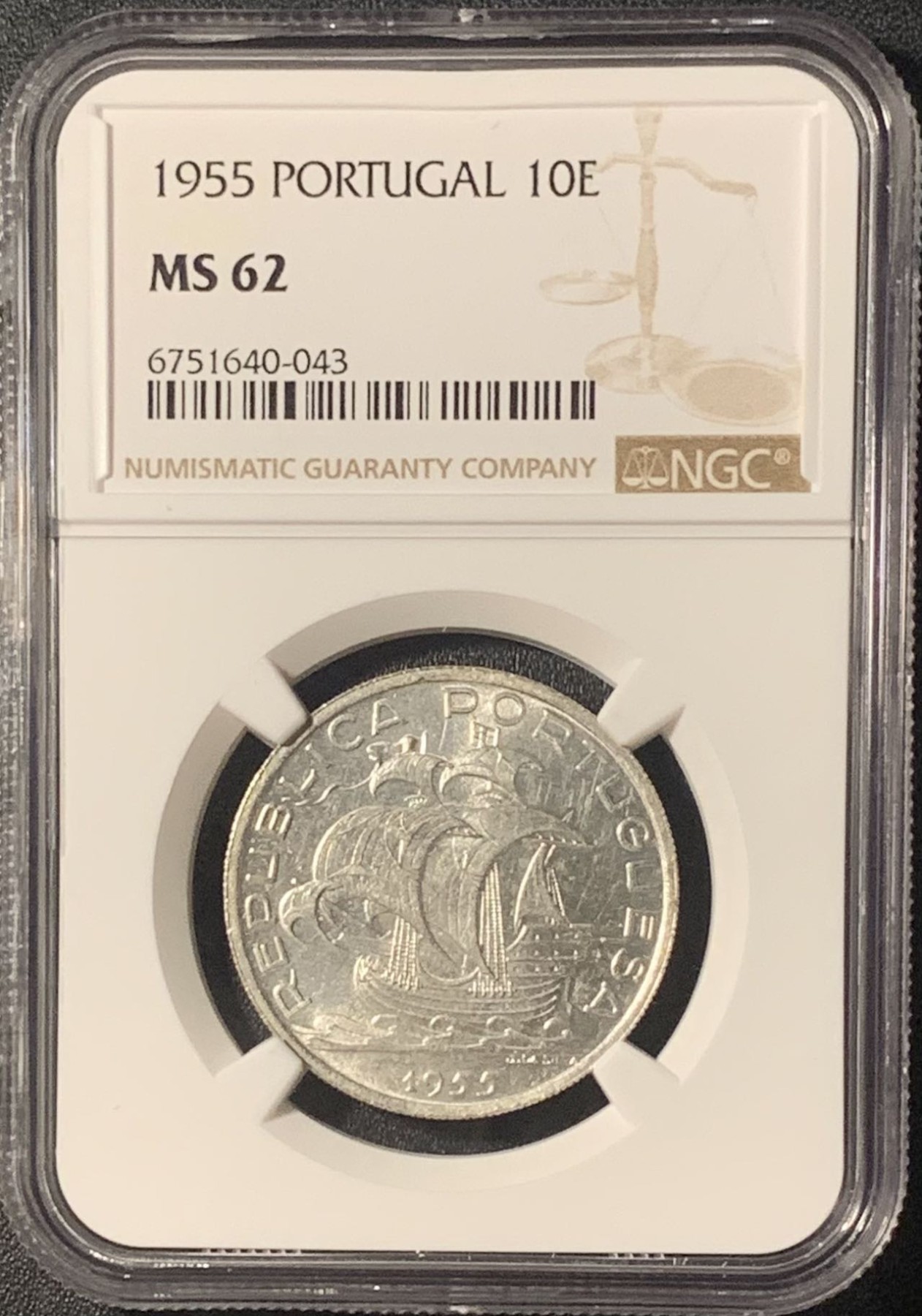 紫瑗钱币——第303期拍卖 葡萄牙 1955年 帆船 10埃斯库多 银币 NGC MS62