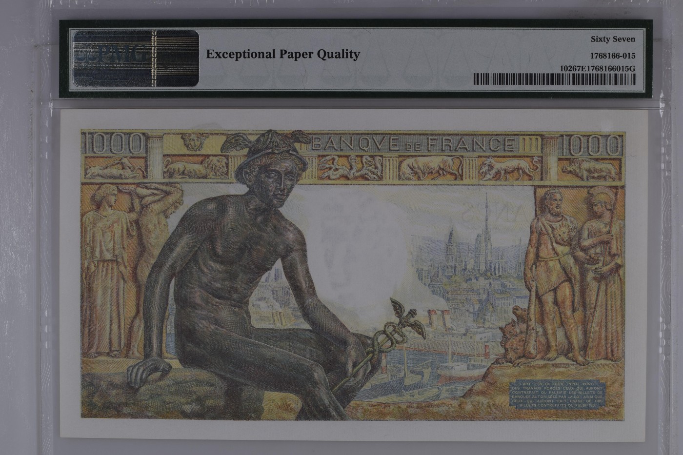 收藏联盟Quantum Auction 第289期拍卖  法国1942-44年1000法郎 PMG67 首发年份 号码全程无4