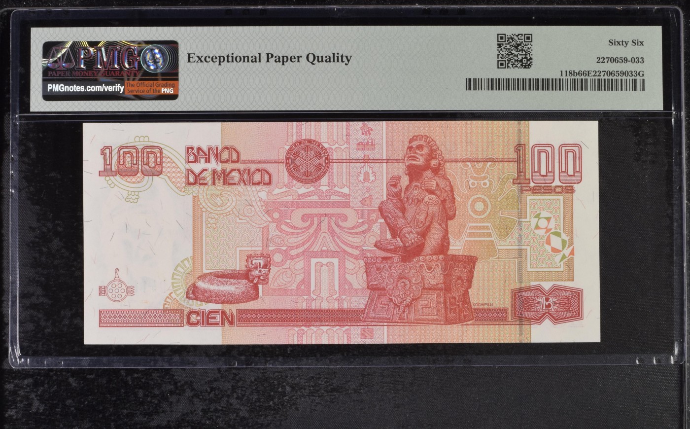 乐淘淘纸币精选 第19期  【CX D4111890】墨西哥2002年纸币 100比索 PMG66EPQ