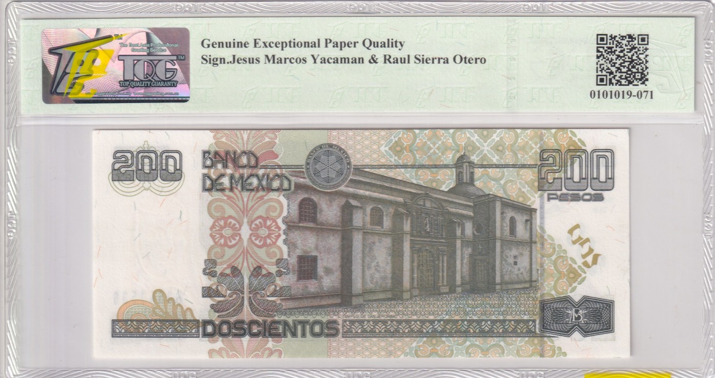 乐淘淘纸币精选 第19期  【G3541539】墨西哥2002年纸币 200比索 TQG66EPQ