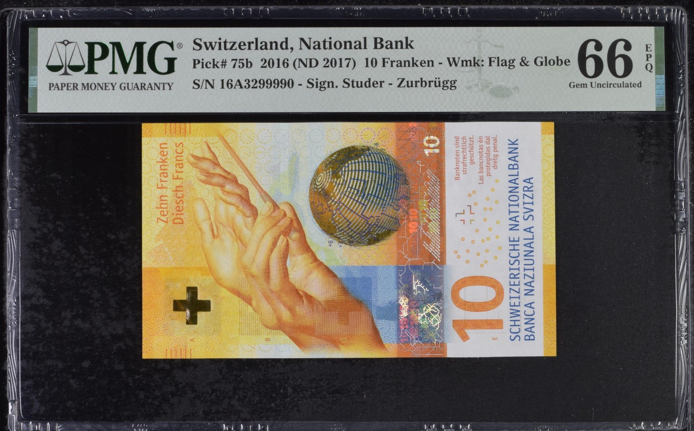 乐淘淘纸币精选 第19期  【16A3299990】瑞士2016年纸币 10法郎 A冠 无47 PMG66EPQ