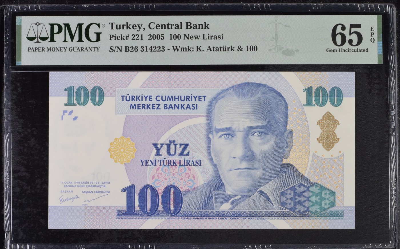 乐淘淘纸币精选 第19期  【B26 314233】土耳其2005年纸币 100新里拉 PMG65EPQ
