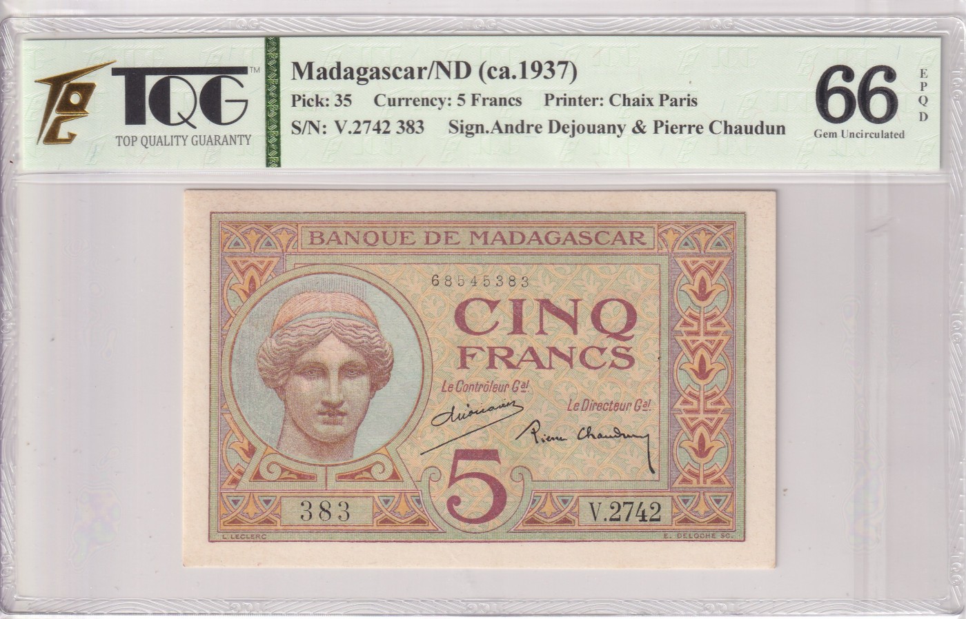 乐淘淘纸币精选 第19期  【V.2742 383】马达加斯加1937年纸币 5法郎 TQG66EPQ
