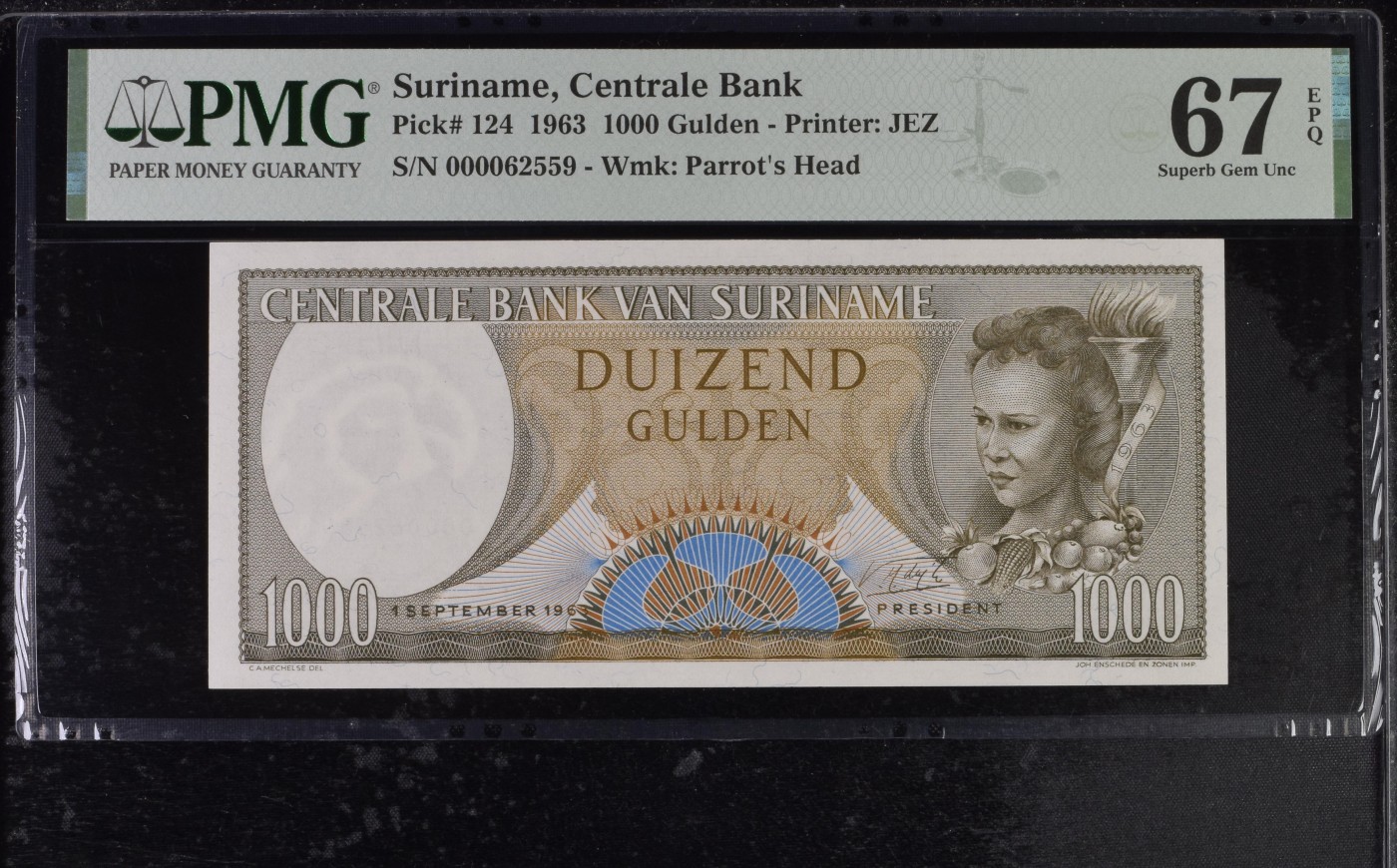 收藏联盟Quantum Auction 第289期拍卖  苏里南1963年1000盾 PMG67 号码无47 万位号 JEZ代印