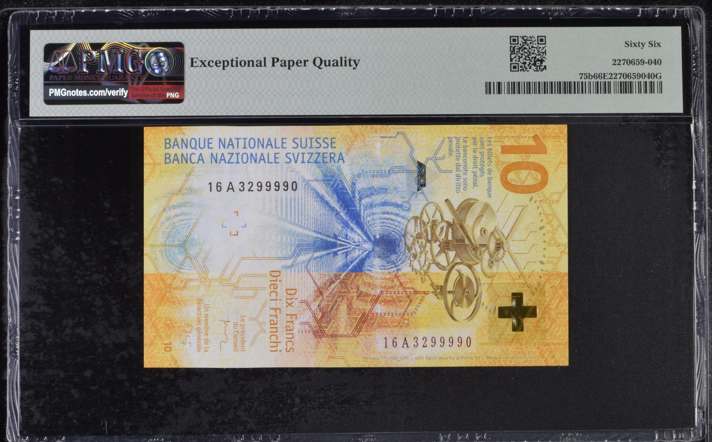 乐淘淘纸币精选 第19期  【16A3299990】瑞士2016年纸币 10法郎 A冠 无47 PMG66EPQ