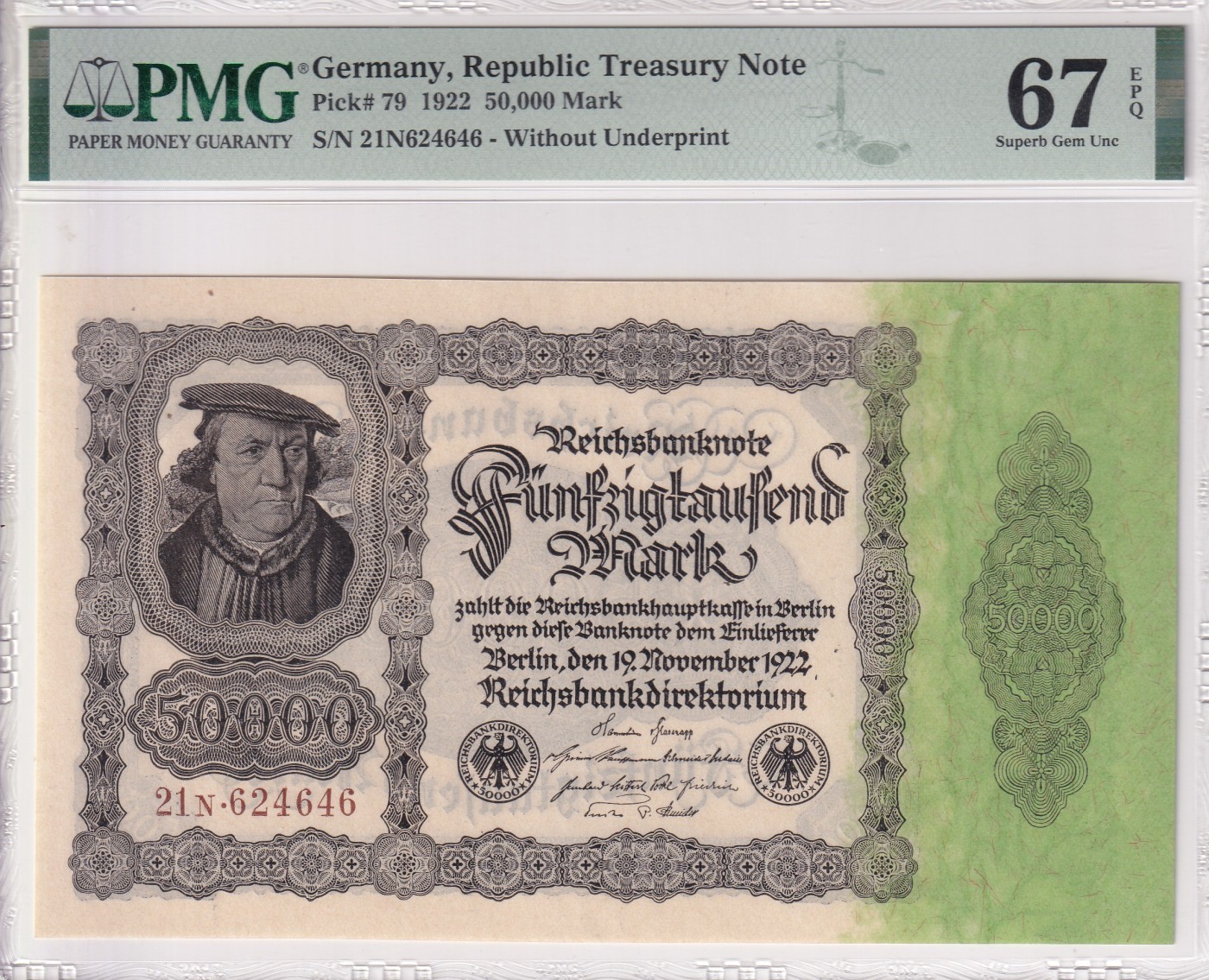 乐淘淘纸币精选 第19期  【21N624646】德国1922年纸币 50000马克 PMG67EPQ 亚军分（冠军分仅一张）