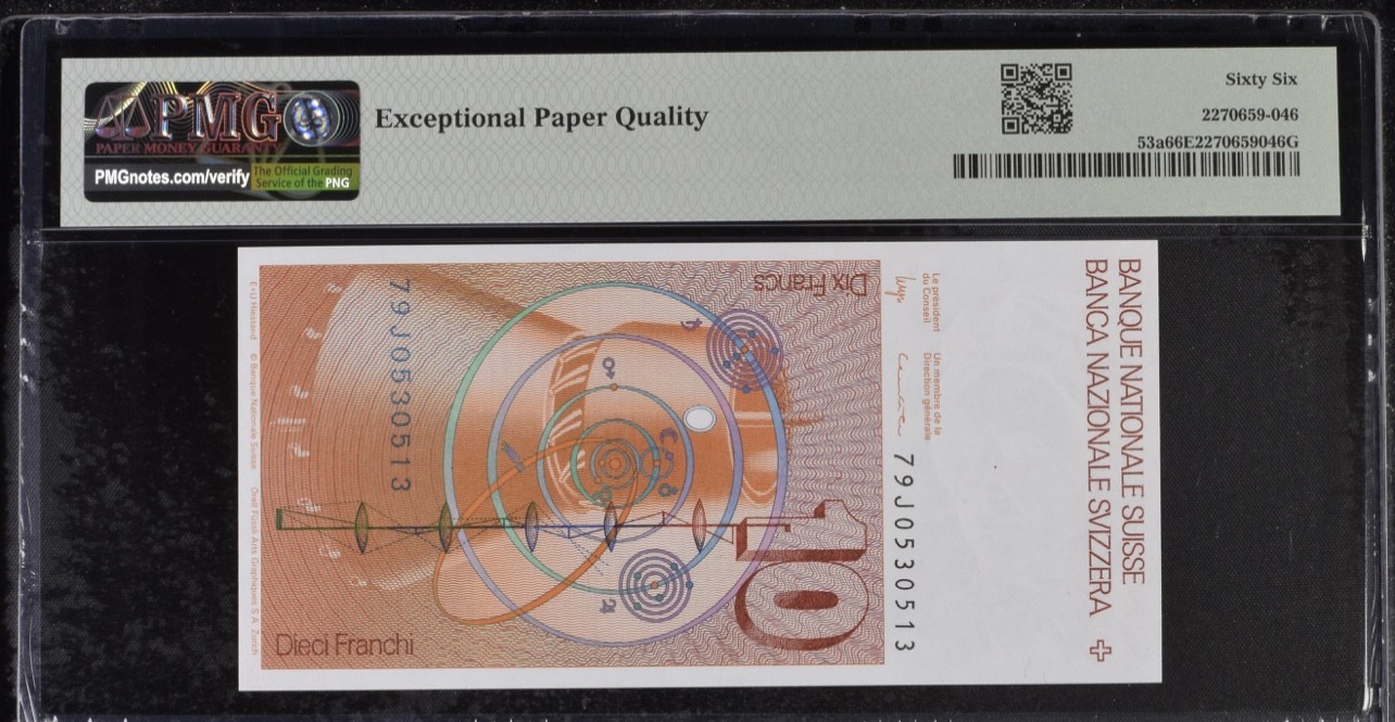 乐淘淘纸币精选 第19期  【79J0530513】瑞士1979年纸币 10法郎 首发年份 数学家欧拉 PMG66EPQ