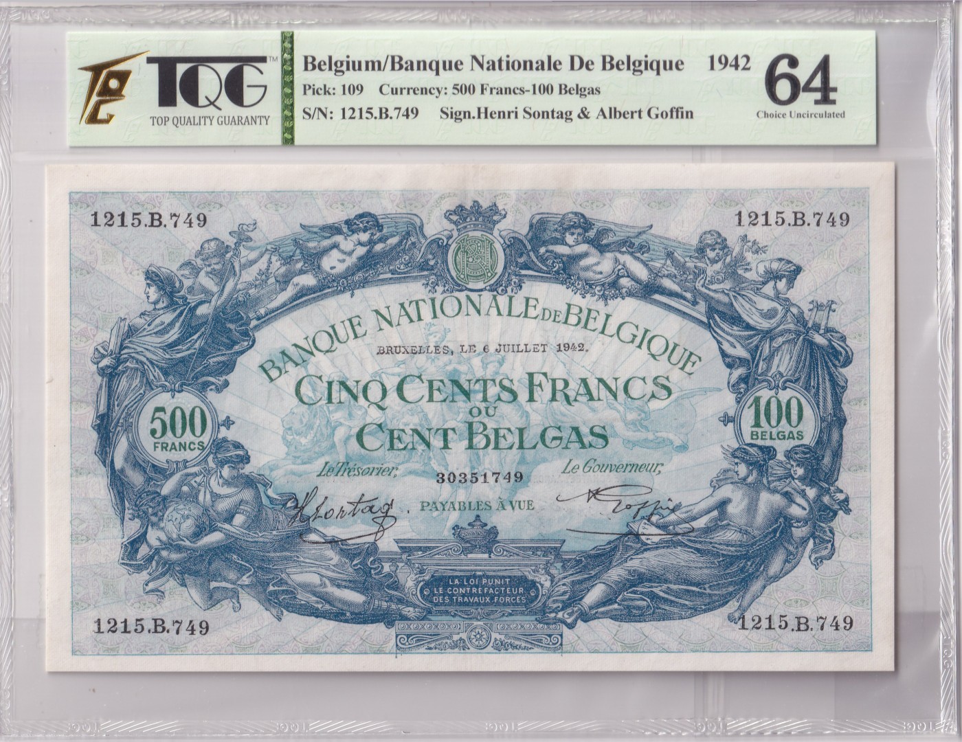 乐淘淘纸币精选 第19期  【1215.B.749】比利时1942年纸币 500法郎 精美大票幅 左侧有小裂口 TQG64