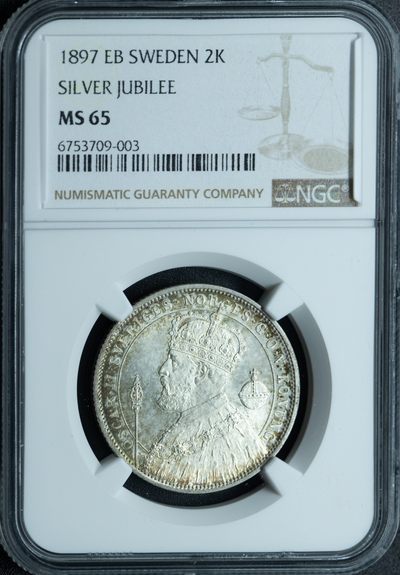 火彩社 世界硬币、纸币专场、NGC & PMG评级币等 - NGC MS65 瑞典 1897-EB 奥斯卡二世国王登基25周年纪念2克朗银币