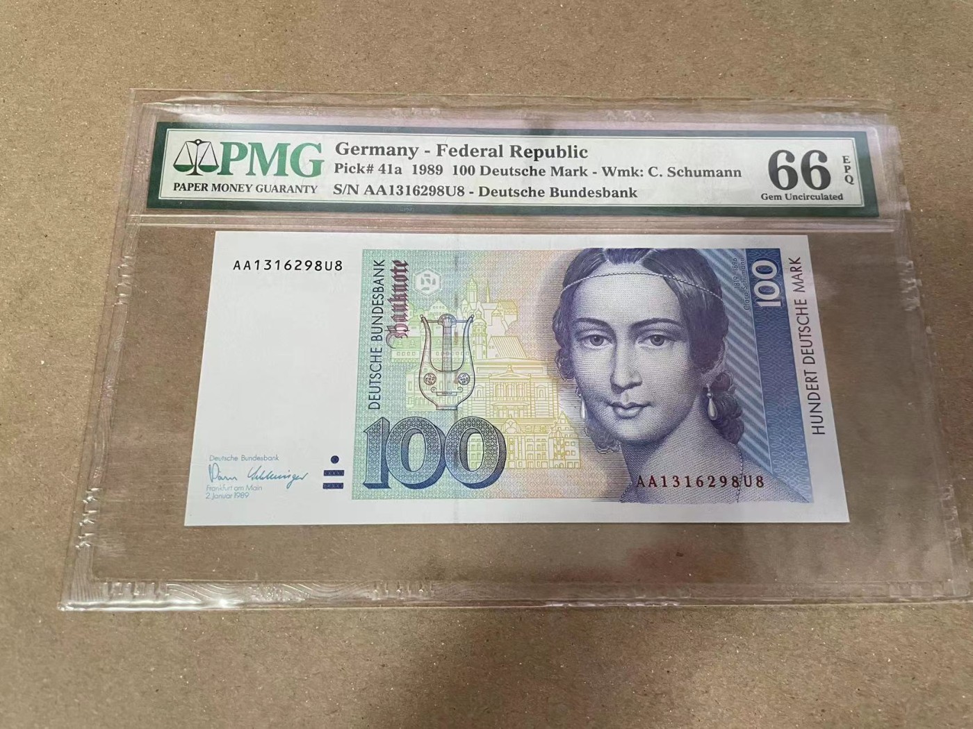 【Blue Auction】✨世界纸币精拍第371期【精】 【初版AA冠无47】德国 1989年100马克 克拉拉 PMG66EPQ 