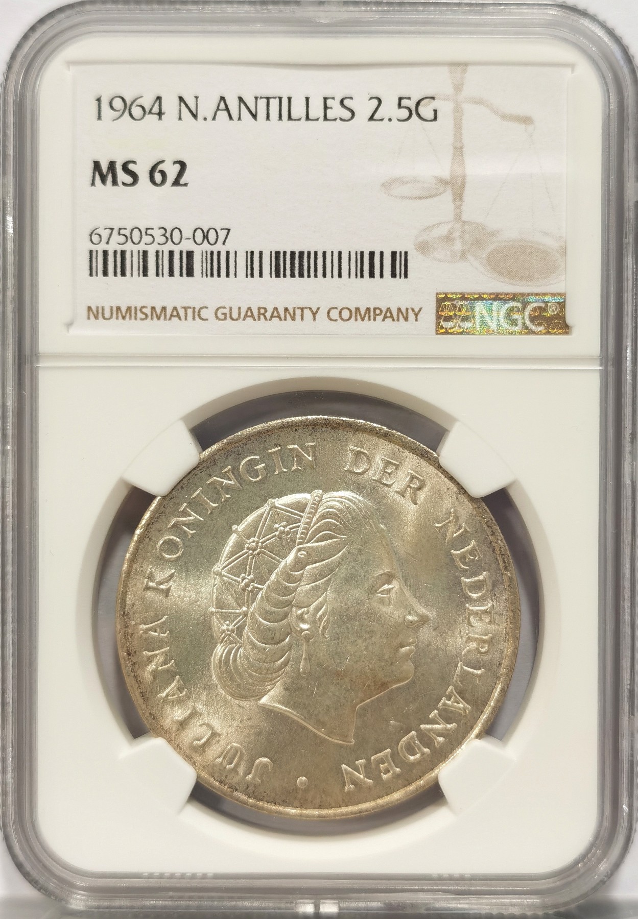 博洋堂世界钱币拍卖第140期（全场包邮） NGC MS62 荷属安的列斯1964年朱莉安娜女王2.5盾银币