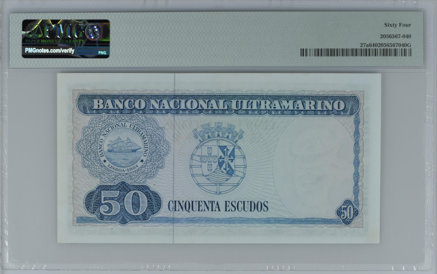 收藏联盟Quantum Auction 第289期拍卖  东帝汶1967年50埃斯库多 PMG64 BWC代印