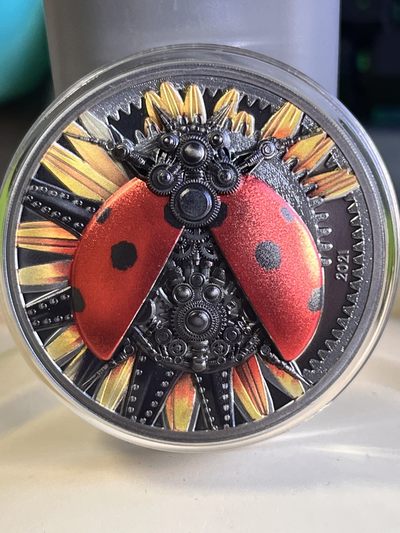 【海寕潮】拍卖第八十三期 - 【海寧潮】蒙古2021年钟表进化机械瓢虫发条3盎司仿古彩银币0