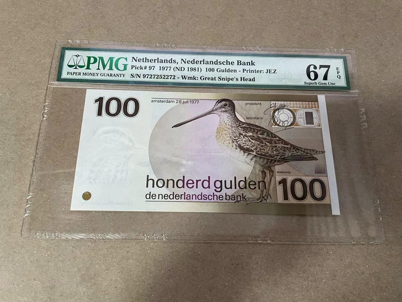 【Blue Auction】✨世界纸币精拍第371期【精】 荷兰 1977年100盾 PMG67EPQ 水鸟
