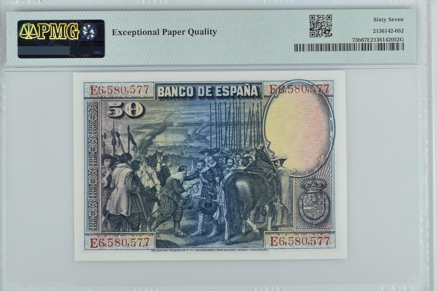 收藏联盟Quantum Auction 第289期拍卖  西班牙1928年50比塞塔 PMG67 BWC代印作品