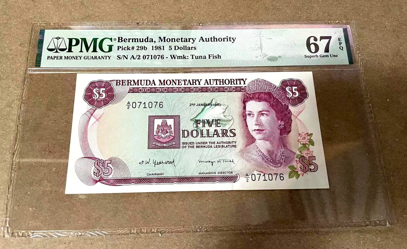 【Blue Auction】✨世界纸币精拍第371期【精】 【冠军分仅3张】百慕大 1981年5元 PMG67EPQ 高分 女王