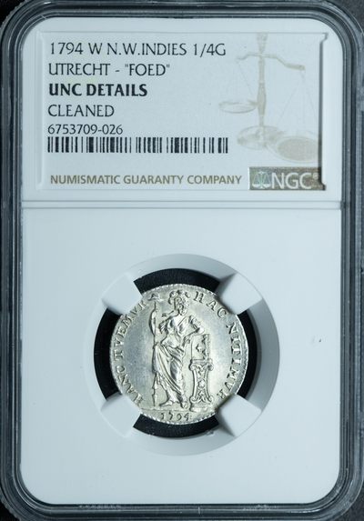  火彩社 世界硬币、纸币专场、NGC & PMG评级币等 - NGC UNCD 荷属西印度群岛 1794年(W) 1/4古尔登银币（乌特勒支铸造）漂亮站人，细节佳，高点俱在