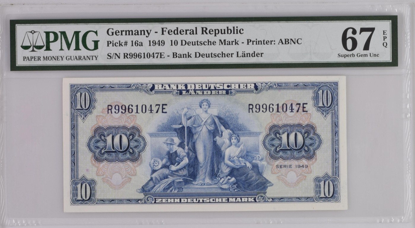 收藏联盟Quantum Auction 第289期拍卖  德国联邦1949年10马克 PMG67  ABNC代印