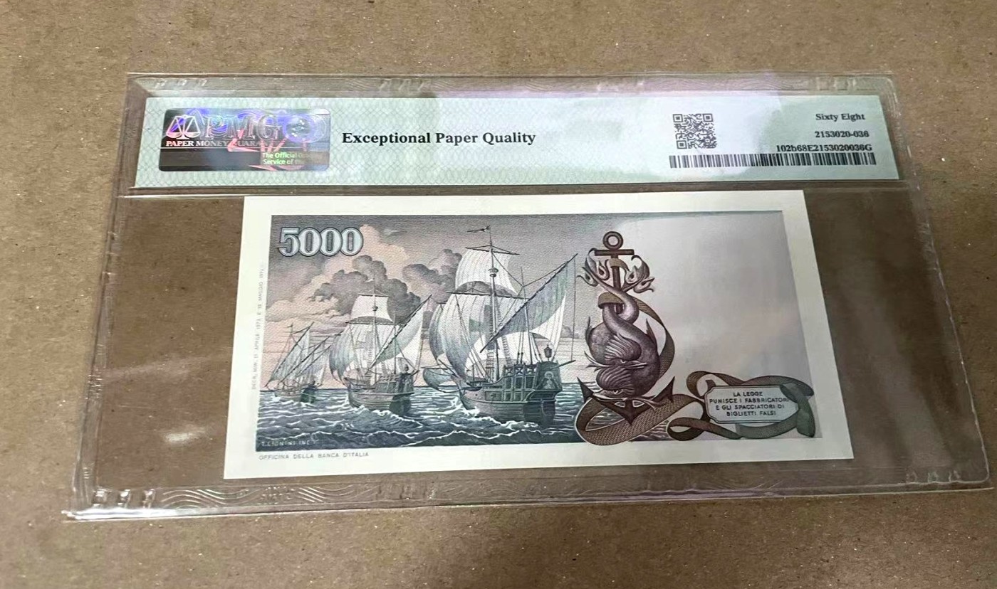 【Blue Auction】✨世界纸币精拍第371期【精】 【冠军分】意大利 1973年5000里拉 哥伦布 PMG68EPQ 超高分