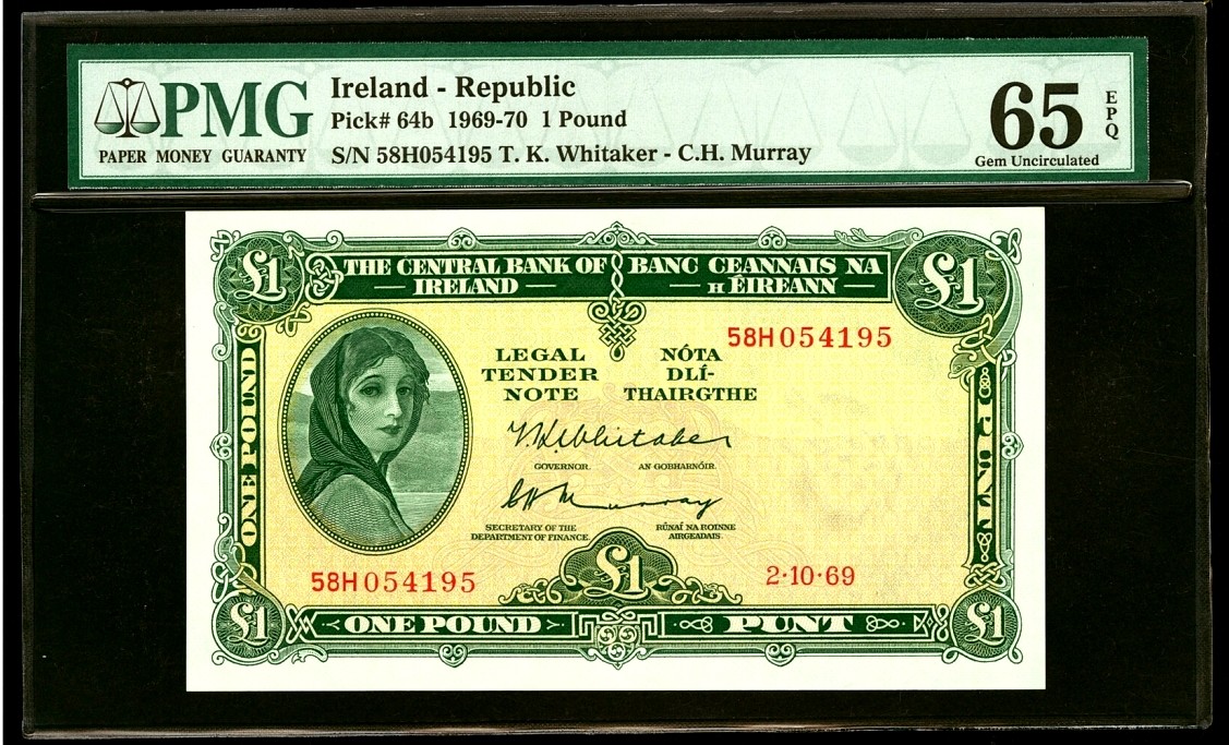 【Blue Auction】✨世界纸币精拍第371期【精】 【b版少见 背标Great Embossing罕见】爱尔兰 1969年1镑 拉弗雷夫人 PMG65EPQ 绝品 老壳子