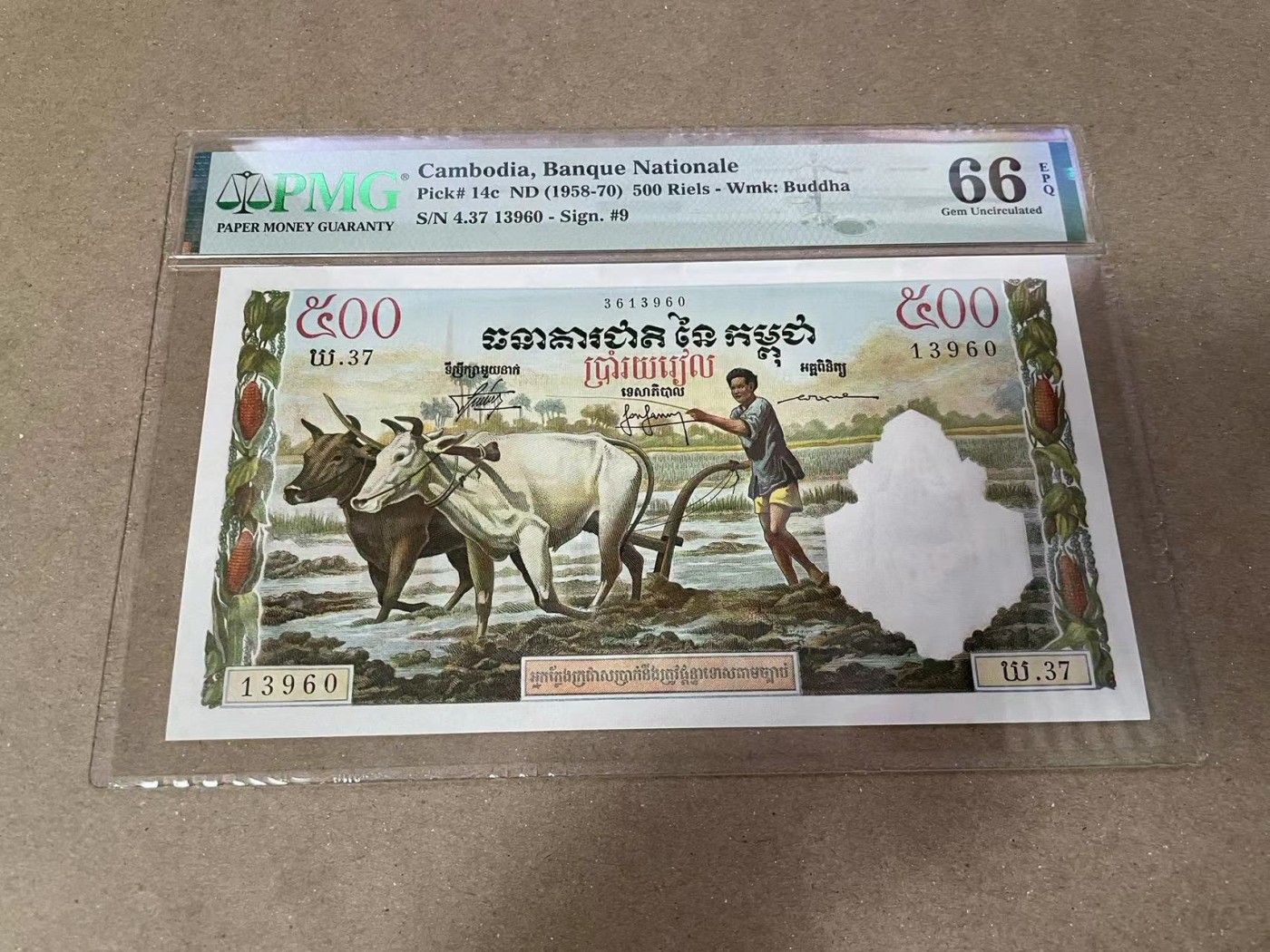 【Blue Auction】✨世界纸币精拍第371期【精】 【无47】柬埔寨 1958-70年500瑞尔 PMG66EPQ 耕牛