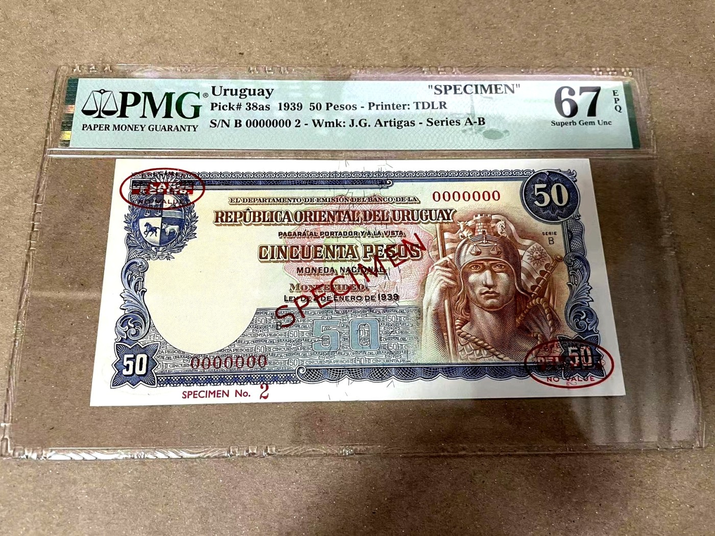 【Blue Auction】✨世界纸币精拍第371期【精】 【2号样钞 唯一冠军分罕见 名家旧藏】乌拉圭 1939年50比索 PMG67EPQ 高分 背面大场景