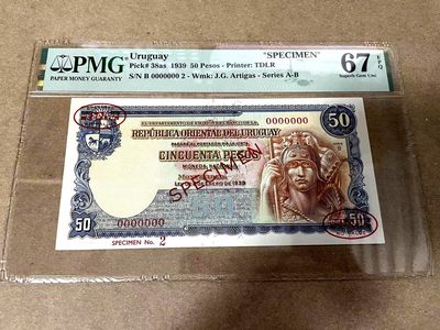 【Blue Auction】✨世界纸币精拍第371期【精】 - 【2号样钞 唯一冠军分罕见 名家旧藏】乌拉圭 1939年50比索 PMG67EPQ 高分 背面大场景