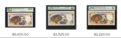 【Blue Auction】✨世界纸币精拍第371期【精】 【珍品神钞 无斑无黄无折 唯一一张p-2p】法属安的列斯 1961年10新法郎=1000法郎 WBG63严评 整体状态非常好 四角尖尖 PMG都没有p-2p的记录 只有p-2s（黑字加盖或者打孔影响欣赏 不如这张）大票幅凹印 四周各种蝴蝶装饰 白边上瓜德罗普、圭亚那、马提尼克地名环绕 经典剖鱼 扛香蕉 法属玩家热切追逐的品种 