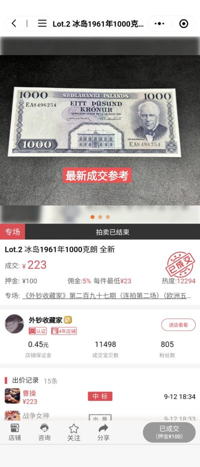 【世界钱币】精选微拍第69期暨2023年第十六期 多款纸币裸钞超低价起拍(第一场) 1961年冰岛1000克朗 全新绝品尾号435