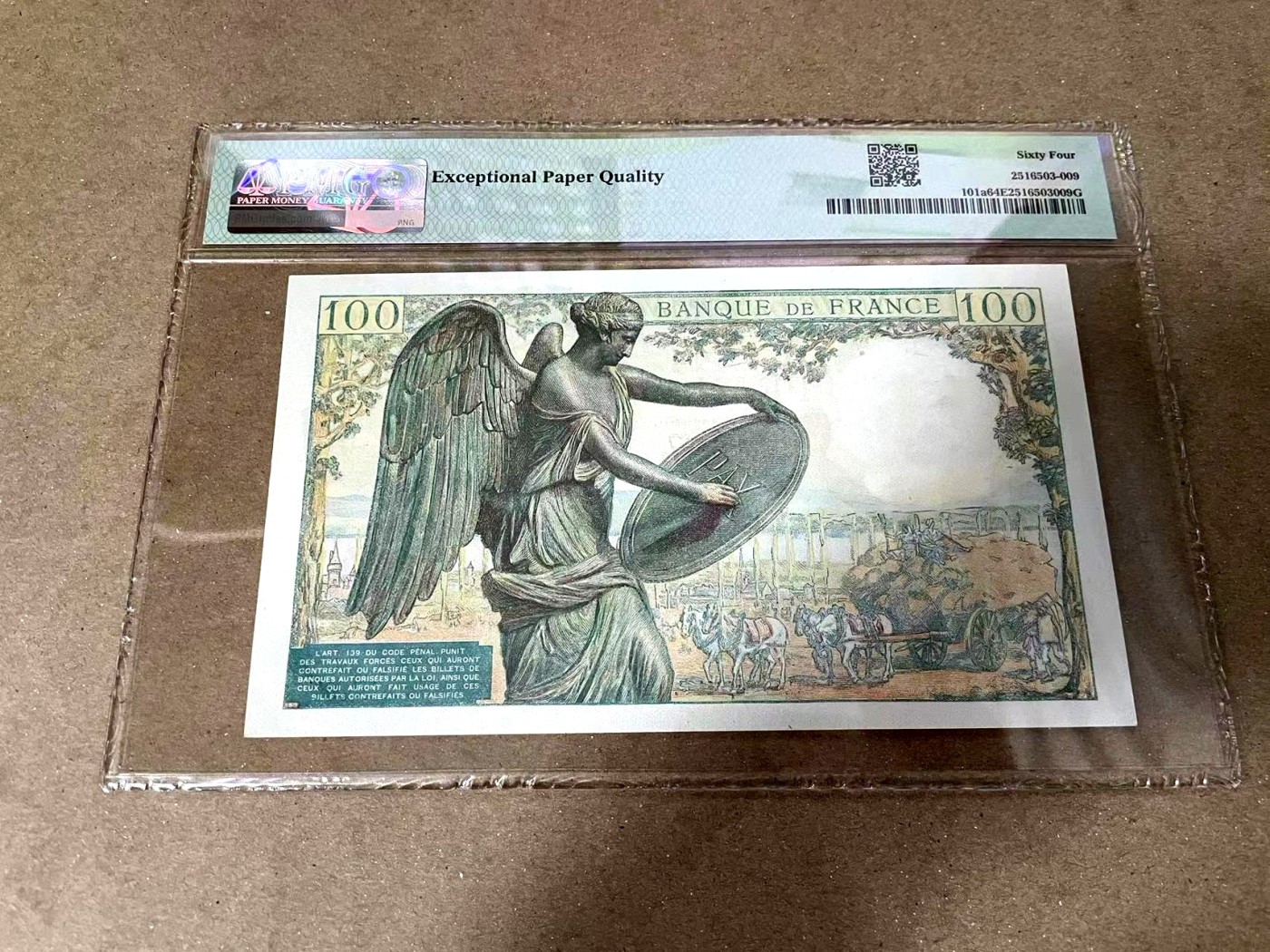 【Blue Auction】✨世界纸币精拍第371期【精】 【无47】法国 1944年100法郎 经典笛卡尔 PMG64EPQ 全新原票 